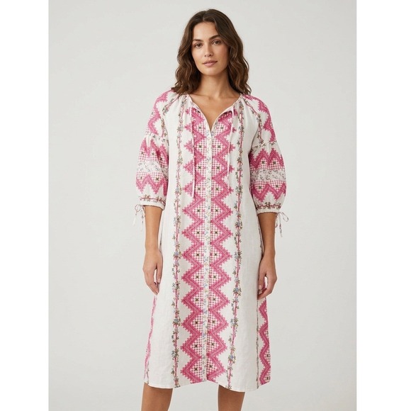 D'Ascoli Dresses & Skirts - D'Ascoli Womens Pink Floral Hand Woven Cotton Boho Midi Dress Size M